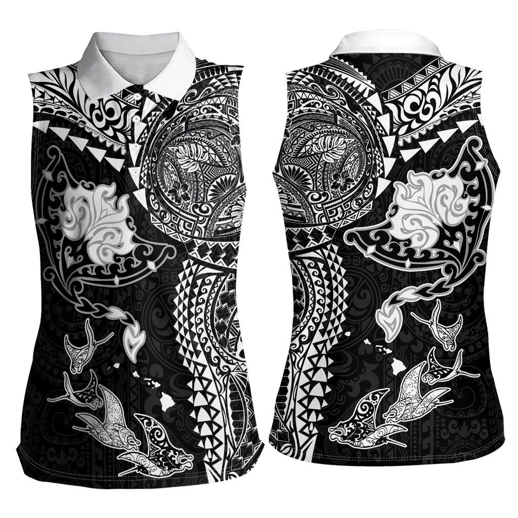 Hawaiian Manta Ray Tribal Women Sleeveless Polo Shirt Polynesian Art Motifs Black Color LT03 - Polynesian Pride