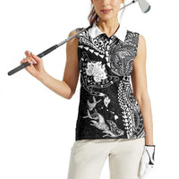 Hawaiian Manta Ray Tribal Women Sleeveless Polo Shirt Polynesian Art Motifs Black Color LT03 - Polynesian Pride