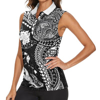Hawaiian Manta Ray Tribal Women Sleeveless Polo Shirt Polynesian Art Motifs Black Color LT03 - Polynesian Pride
