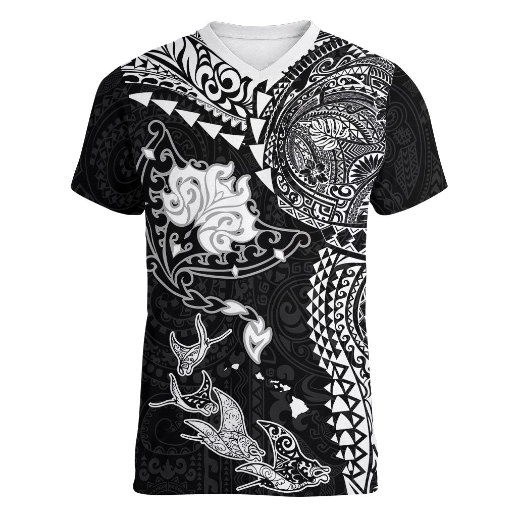 Hawaiian Manta Ray Tribal Women V-Neck T-Shirt Polynesian Art Motifs Black Color LT03 Female Black - Polynesian Pride