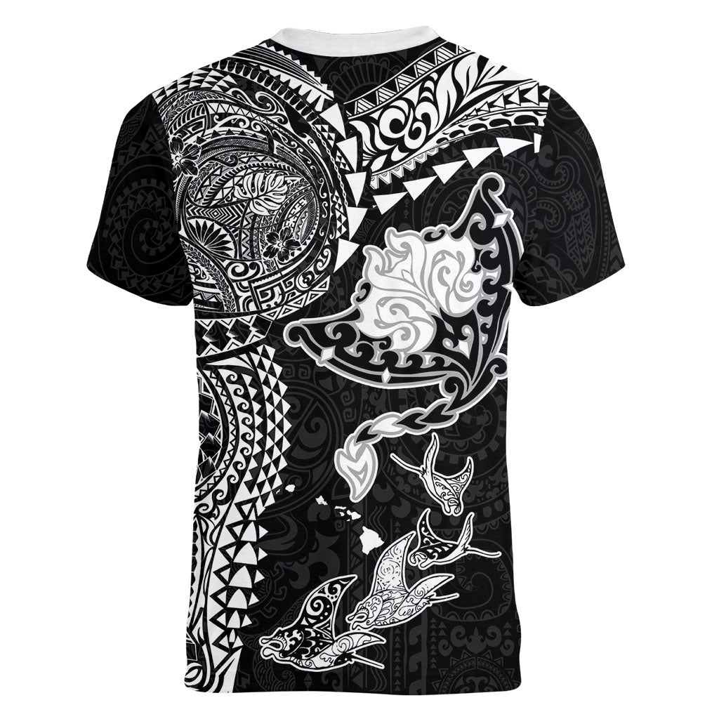 Hawaiian Manta Ray Tribal Women V-Neck T-Shirt Polynesian Art Motifs Black Color LT03 - Polynesian Pride