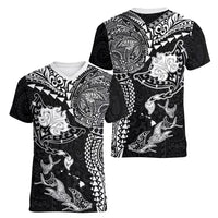 Hawaiian Manta Ray Tribal Women V-Neck T-Shirt Polynesian Art Motifs Black Color LT03 - Polynesian Pride