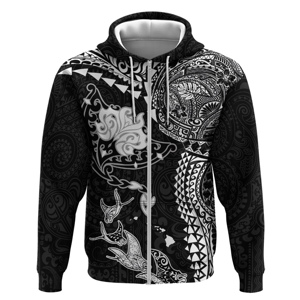 Hawaiian Manta Ray Tribal Zip Hoodie Polynesian Art Motifs Black Color