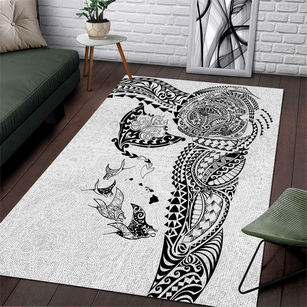 Hawaiian Manta Ray Tribal Area Rug Polynesian Art Motifs White Color