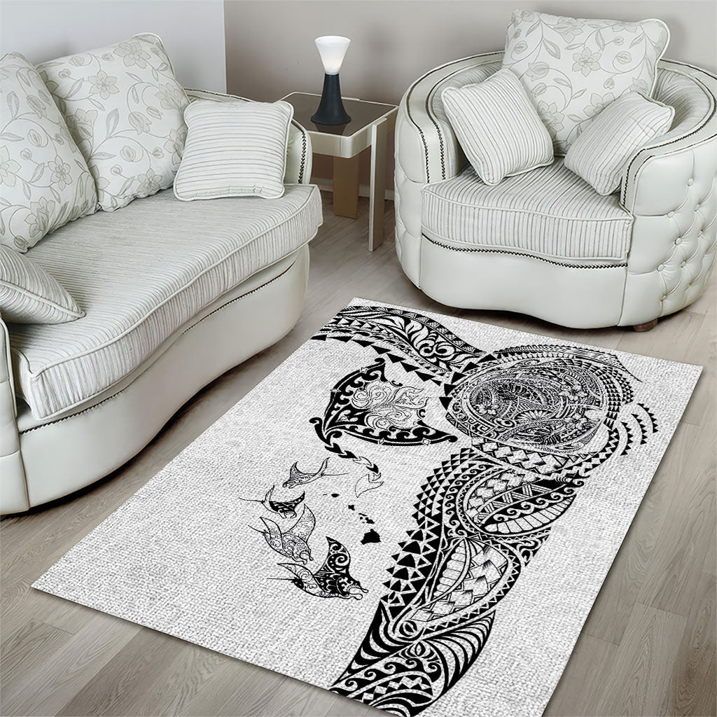 Hawaiian Manta Ray Tribal Area Rug Polynesian Art Motifs White Color