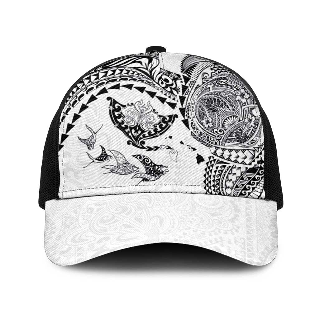 Hawaiian Manta Ray Tribal Baseball Net Cap Polynesian Art Motifs White Color