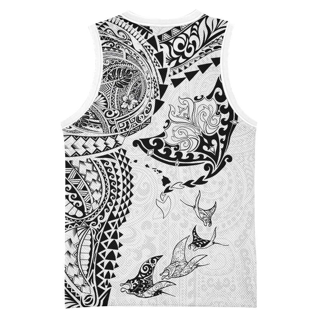 Hawaiian Manta Ray Tribal Basketball Jersey Polynesian Art Motifs White Color