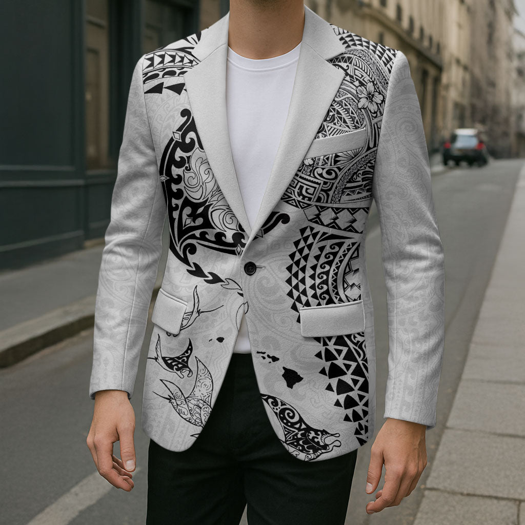 Hawaiian Manta Ray Tribal Blazer Polynesian Art Motifs White Color
