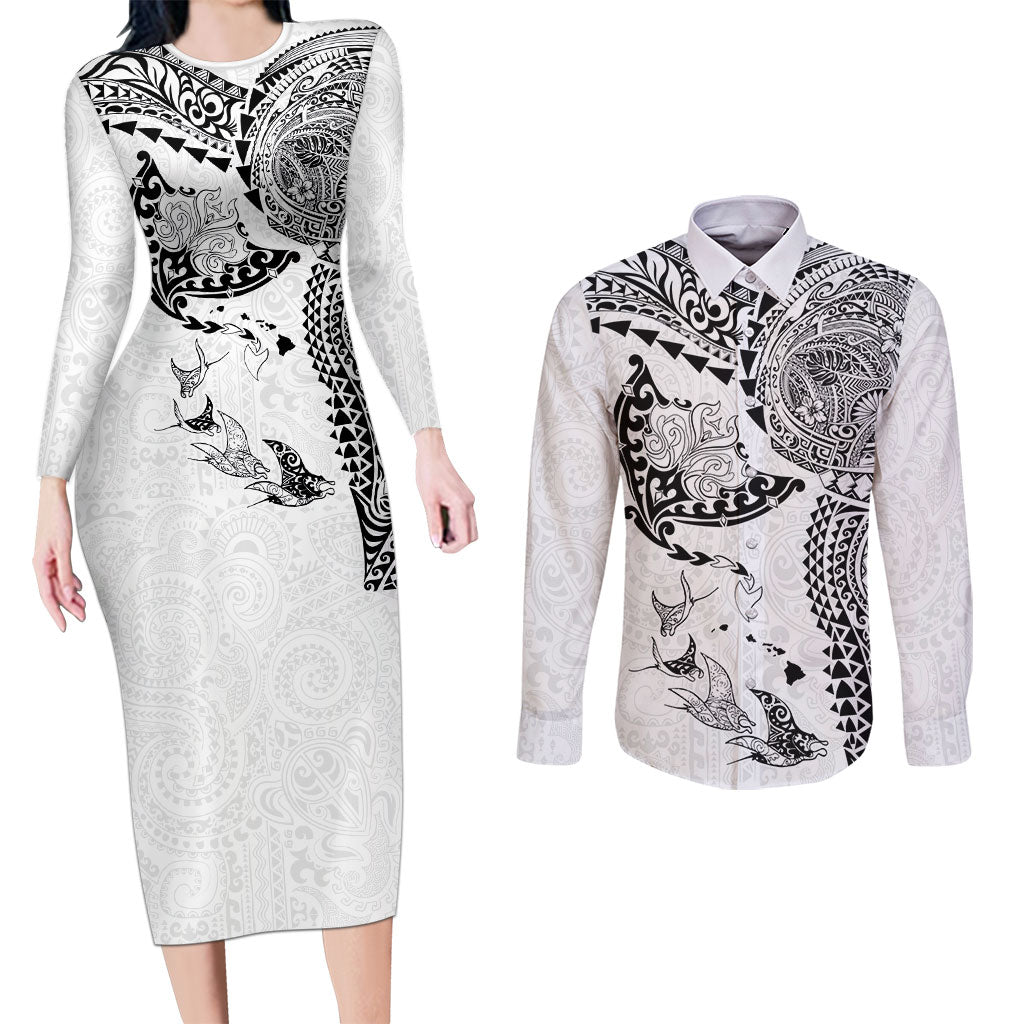 Hawaiian Manta Ray Tribal Couples Matching Long Sleeve Bodycon Dress and Long Sleeve Button Shirt Polynesian Art Motifs White Color LT03 White - Polynesian Pride
