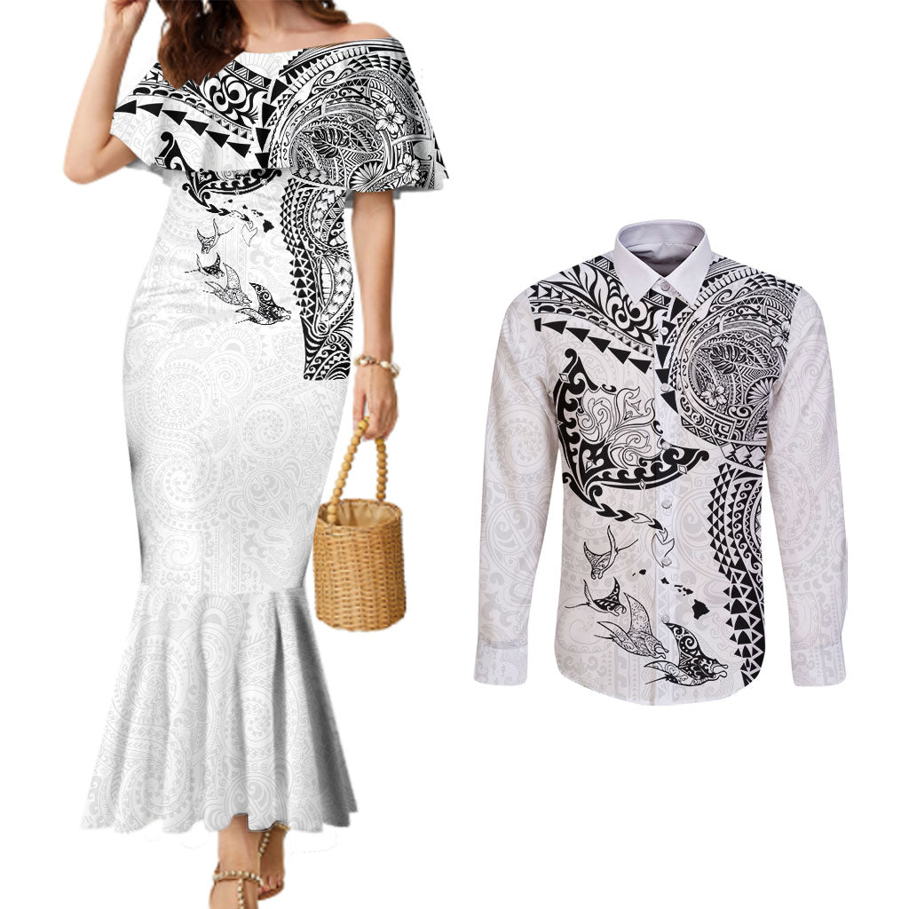 Hawaiian Manta Ray Tribal Couples Matching Mermaid Dress and Long Sleeve Button Shirt Polynesian Art Motifs White Color