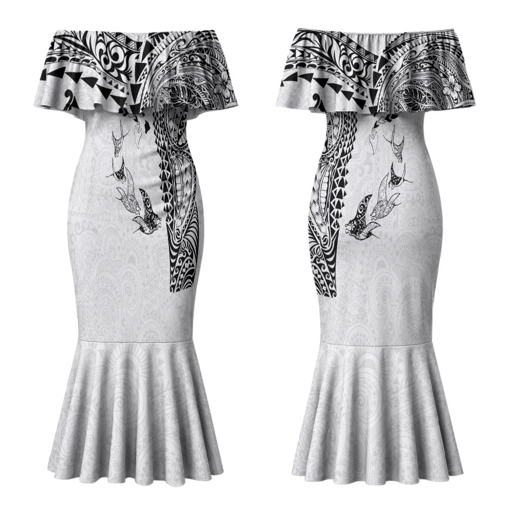 Hawaiian Manta Ray Tribal Couples Matching Mermaid Dress and Long Sleeve Button Shirt Polynesian Art Motifs White Color LT03 - Polynesian Pride