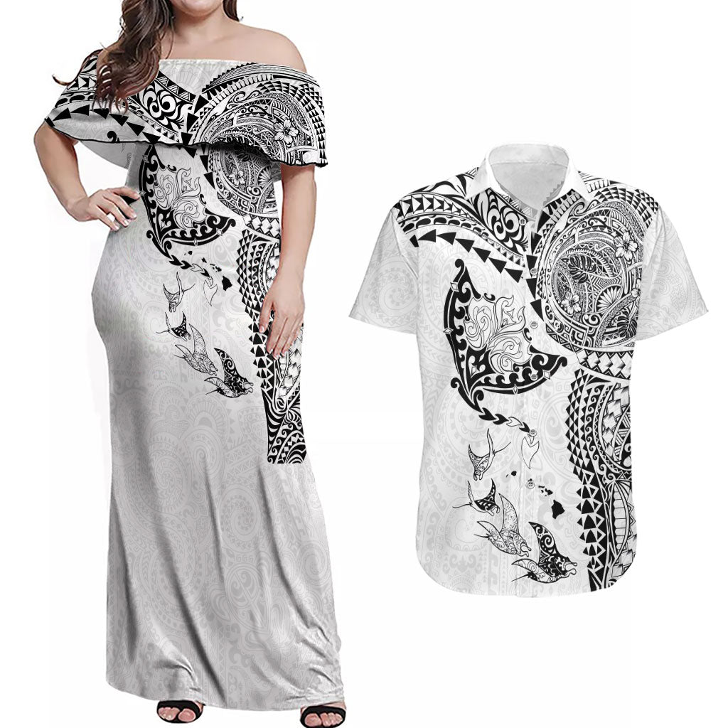 Hawaiian Manta Ray Tribal Couples Matching Off Shoulder Maxi Dress and Hawaiian Shirt Polynesian Art Motifs White Color