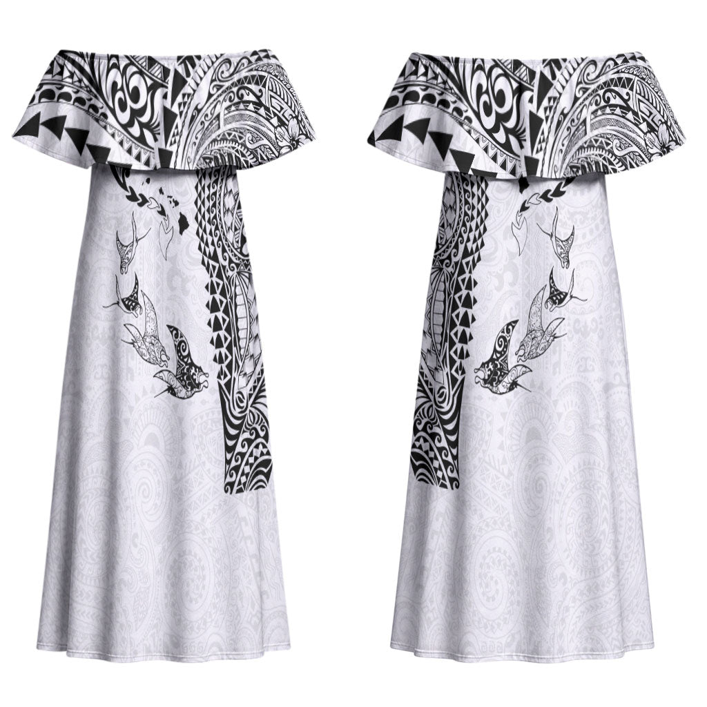 Hawaiian Manta Ray Tribal Couples Matching Off Shoulder Maxi Dress and Hawaiian Shirt Polynesian Art Motifs White Color LT03 - Polynesian Pride