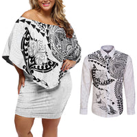 Hawaiian Manta Ray Tribal Couples Matching Off Shoulder Short Dress and Long Sleeve Button Shirt Polynesian Art Motifs White Color
