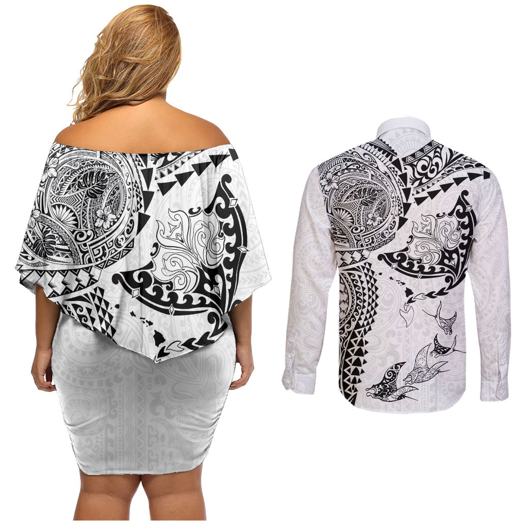 Hawaiian Manta Ray Tribal Couples Matching Off Shoulder Short Dress and Long Sleeve Button Shirt Polynesian Art Motifs White Color