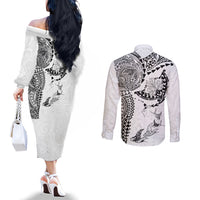 Hawaiian Manta Ray Tribal Couples Matching Off The Shoulder Long Sleeve Dress and Long Sleeve Button Shirt Polynesian Art Motifs White Color LT03 - Polynesian Pride