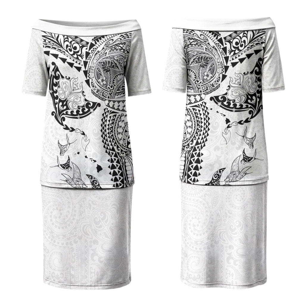 Hawaiian Manta Ray Tribal Couples Matching Puletasi and Hawaiian Shirt Polynesian Art Motifs White Color LT03 - Polynesian Pride