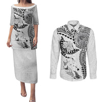 Hawaiian Manta Ray Tribal Couples Matching Puletasi and Long Sleeve Button Shirt Polynesian Art Motifs White Color LT03 White - Polynesian Pride