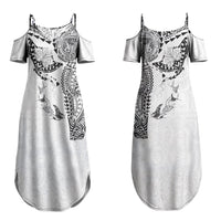 Hawaiian Manta Ray Tribal Couples Matching Summer Maxi Dress and Long Sleeve Button Shirt Polynesian Art Motifs White Color LT03 - Polynesian Pride