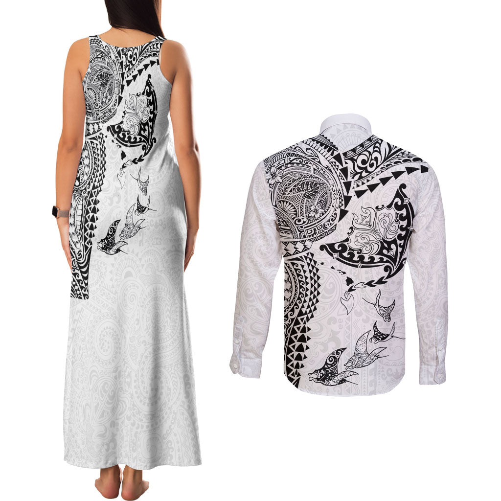 Hawaiian Manta Ray Tribal Couples Matching Tank Maxi Dress and Long Sleeve Button Shirt Polynesian Art Motifs White Color LT03 - Polynesian Pride
