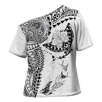 Hawaiian Manta Ray Tribal Cross Shoulder Shirt Polynesian Art Motifs White Color