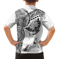 Hawaiian Manta Ray Tribal Family Matching Long Sleeve Bodycon Dress and Hawaiian Shirt Polynesian Art Motifs White Color LT03 - Polynesian Pride