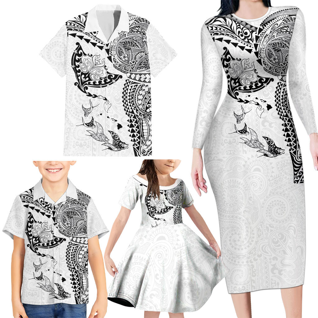 Hawaiian Manta Ray Tribal Family Matching Long Sleeve Bodycon Dress and Hawaiian Shirt Polynesian Art Motifs White Color LT03 - Polynesian Pride