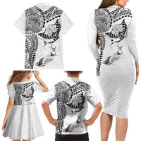 Hawaiian Manta Ray Tribal Family Matching Long Sleeve Bodycon Dress and Hawaiian Shirt Polynesian Art Motifs White Color LT03 - Polynesian Pride