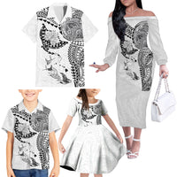 Hawaiian Manta Ray Tribal Family Matching Off The Shoulder Long Sleeve Dress and Hawaiian Shirt Polynesian Art Motifs White Color LT03 - Polynesian Pride