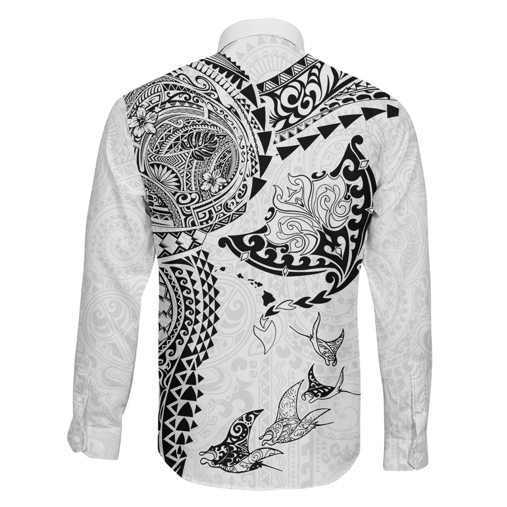 Hawaiian Manta Ray Tribal Family Matching Off Shoulder Maxi Dress and Hawaiian Shirt Polynesian Art Motifs White Color LT03 - Polynesian Pride