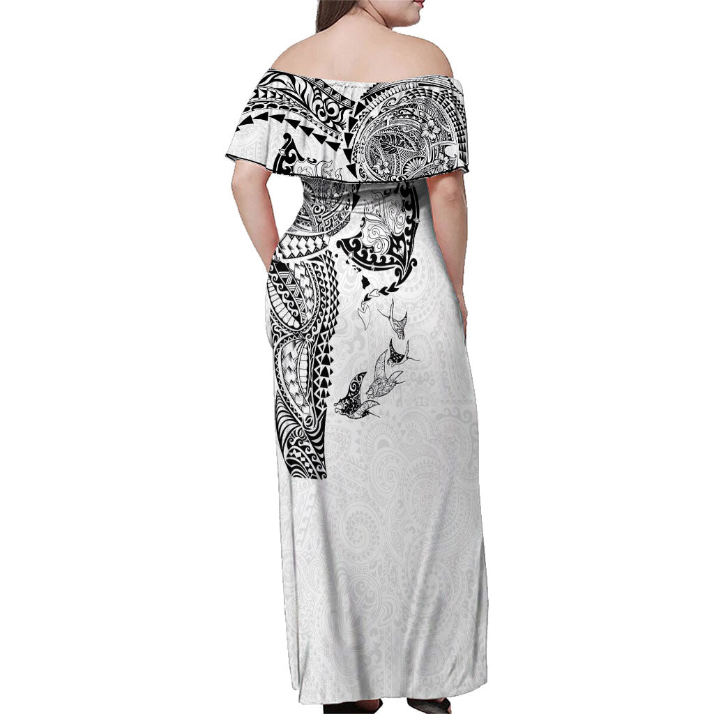 Hawaiian Manta Ray Tribal Family Matching Off Shoulder Maxi Dress and Hawaiian Shirt Polynesian Art Motifs White Color LT03 - Polynesian Pride