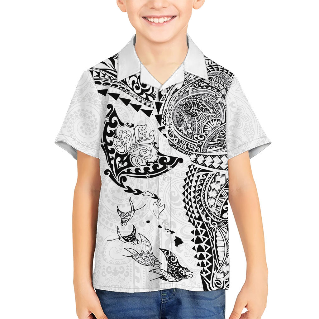 Hawaiian Manta Ray Tribal Family Matching Off Shoulder Maxi Dress and Hawaiian Shirt Polynesian Art Motifs White Color LT03 Son's Shirt White - Polynesian Pride