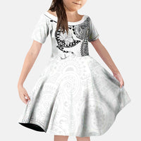 Hawaiian Manta Ray Tribal Family Matching Off Shoulder Short Dress and Hawaiian Shirt Polynesian Art Motifs White Color LT03 Daughter's Dress White - Polynesian Pride