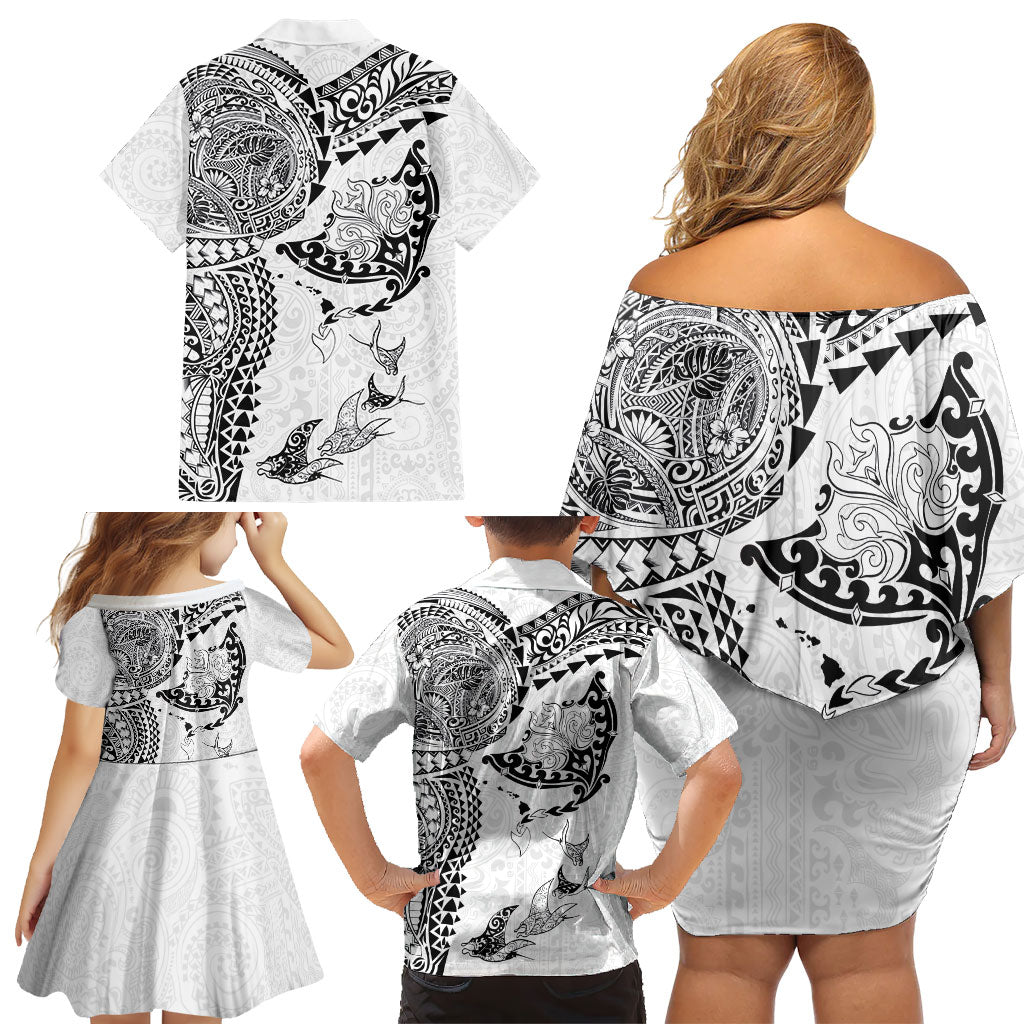 Hawaiian Manta Ray Tribal Family Matching Off Shoulder Short Dress and Hawaiian Shirt Polynesian Art Motifs White Color LT03 - Polynesian Pride