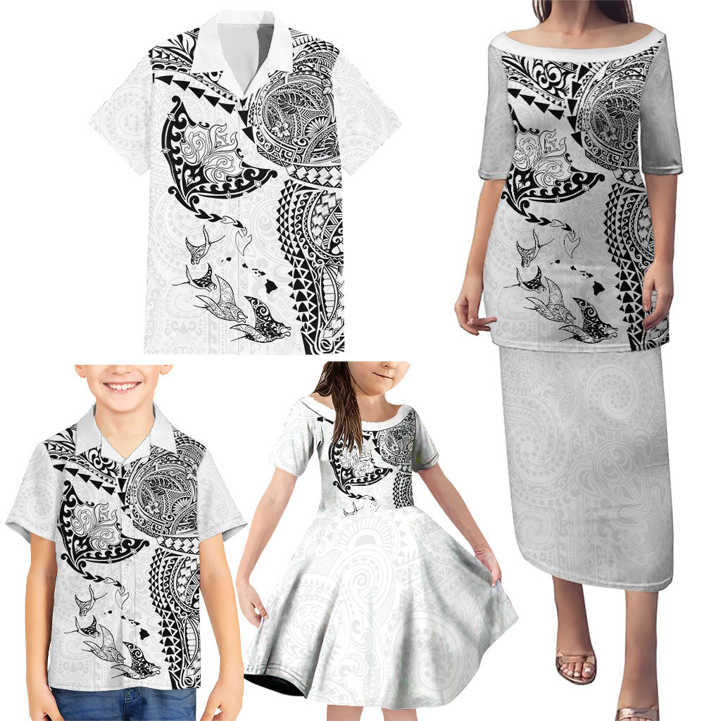 Hawaiian Manta Ray Tribal Family Matching Puletasi and Hawaiian Shirt Polynesian Art Motifs White Color