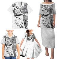 Hawaiian Manta Ray Tribal Family Matching Puletasi and Hawaiian Shirt Polynesian Art Motifs White Color LT03 - Polynesian Pride