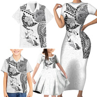 Hawaiian Manta Ray Tribal Family Matching Short Sleeve Bodycon Dress and Hawaiian Shirt Polynesian Art Motifs White Color LT03 - Polynesian Pride