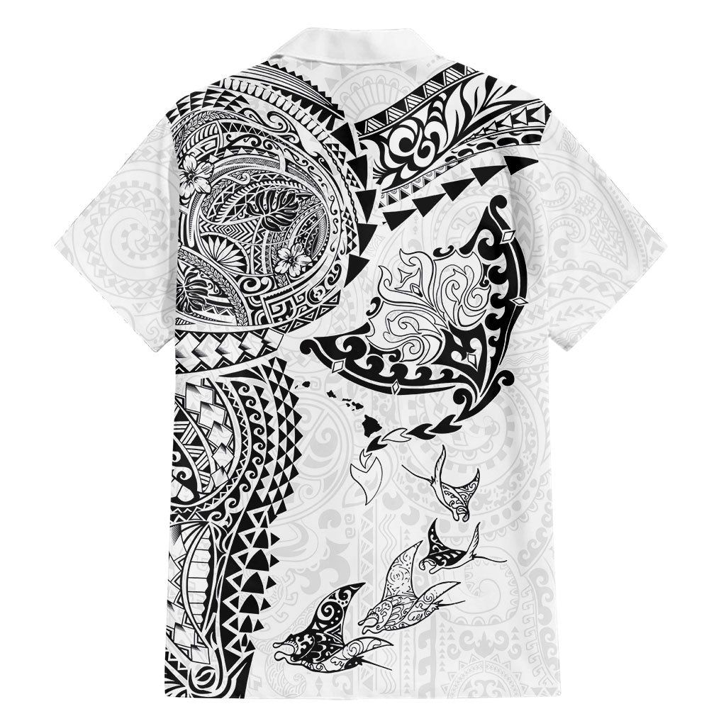 Hawaiian Manta Ray Tribal Family Matching Short Sleeve Bodycon Dress and Hawaiian Shirt Polynesian Art Motifs White Color LT03 - Polynesian Pride
