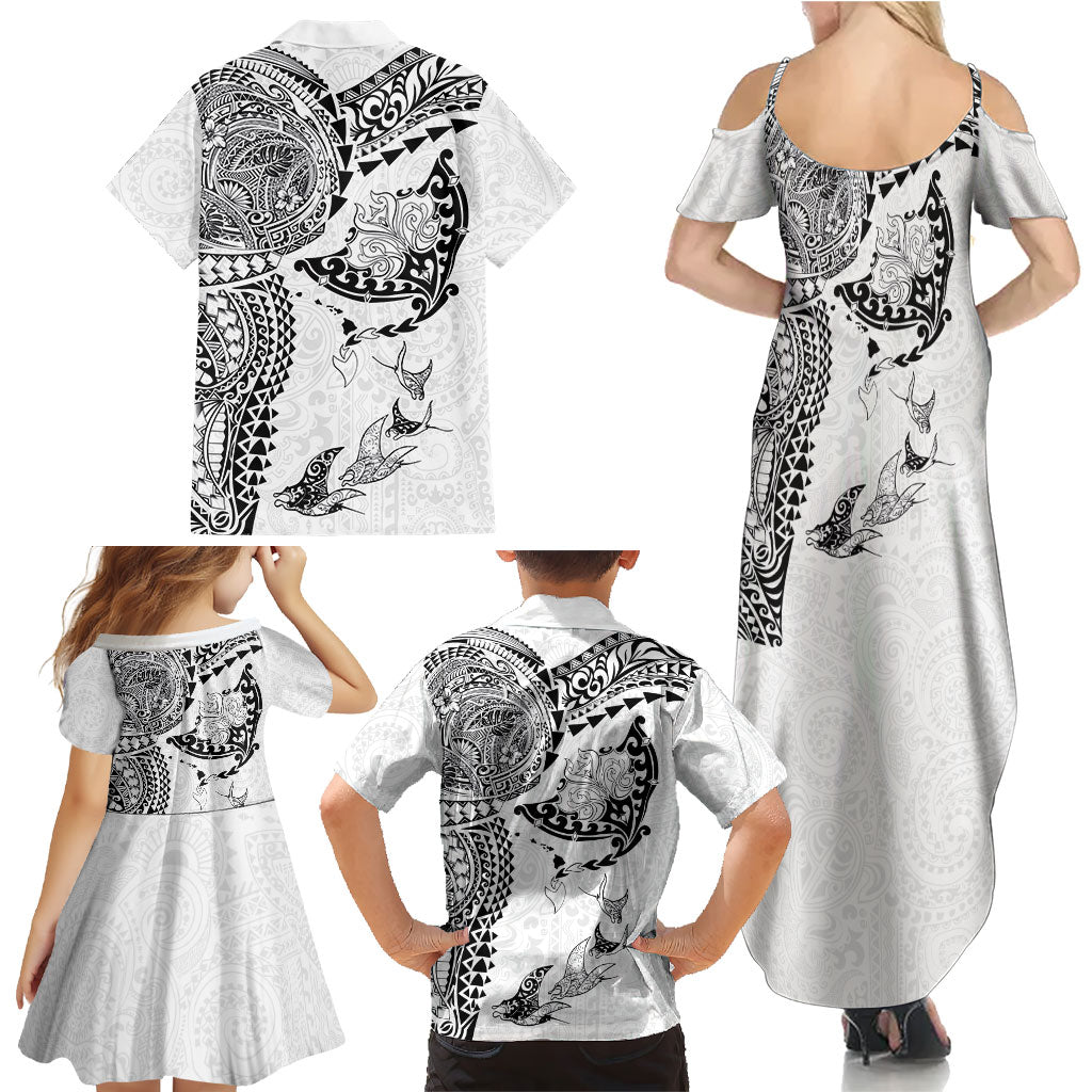 Hawaiian Manta Ray Tribal Family Matching Summer Maxi Dress and Hawaiian Shirt Polynesian Art Motifs White Color LT03 - Polynesian Pride