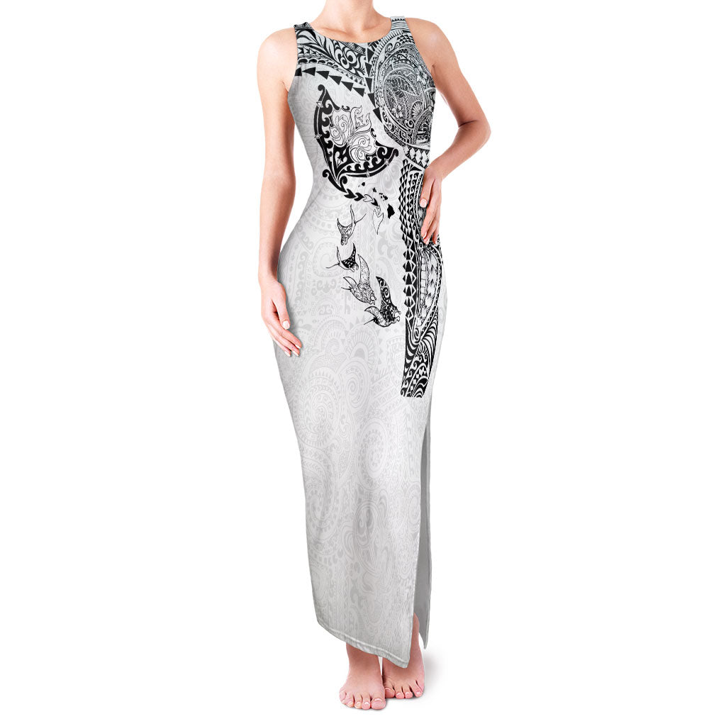 Hawaiian Manta Ray Tribal Family Matching Tank Maxi Dress and Hawaiian Shirt Polynesian Art Motifs White Color LT03 Mom's Dress White - Polynesian Pride
