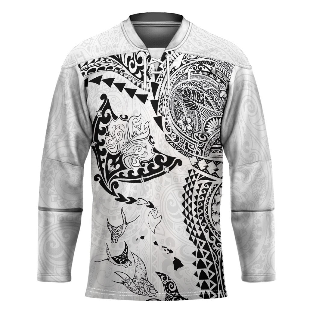 Hawaiian Manta Ray Tribal Hockey Jersey Polynesian Art Motifs White Color