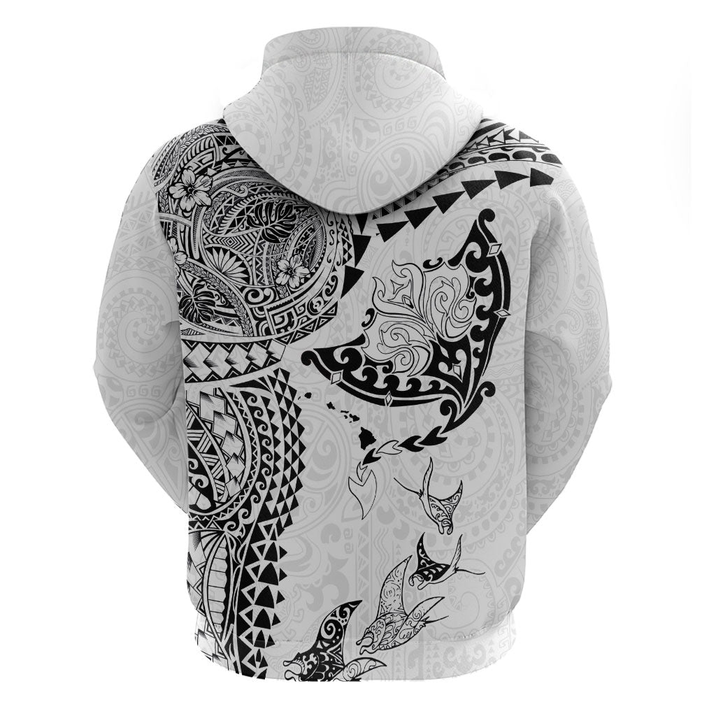 Hawaiian Manta Ray Tribal Hoodie Polynesian Art Motifs White Color