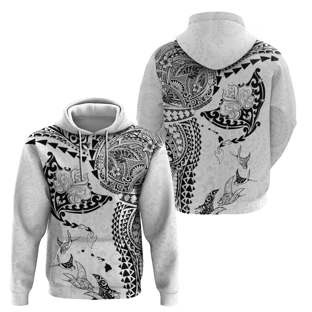 Hawaiian Manta Ray Tribal Hoodie Polynesian Art Motifs White Color