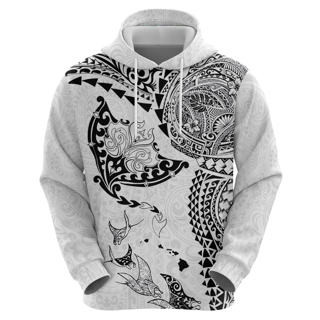 Hawaiian Manta Ray Tribal Hoodie Polynesian Art Motifs White Color