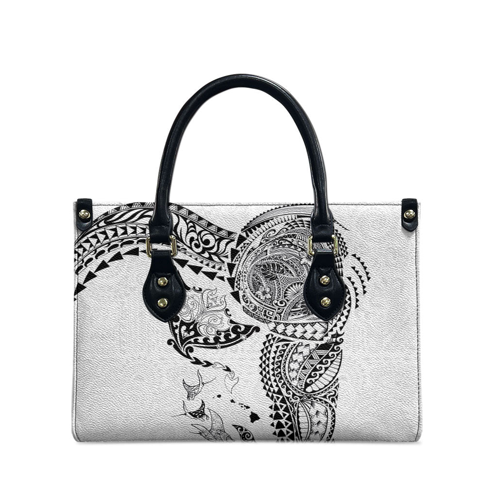 Hawaiian Manta Ray Tribal Leather Bag Polynesian Art Motifs White Color