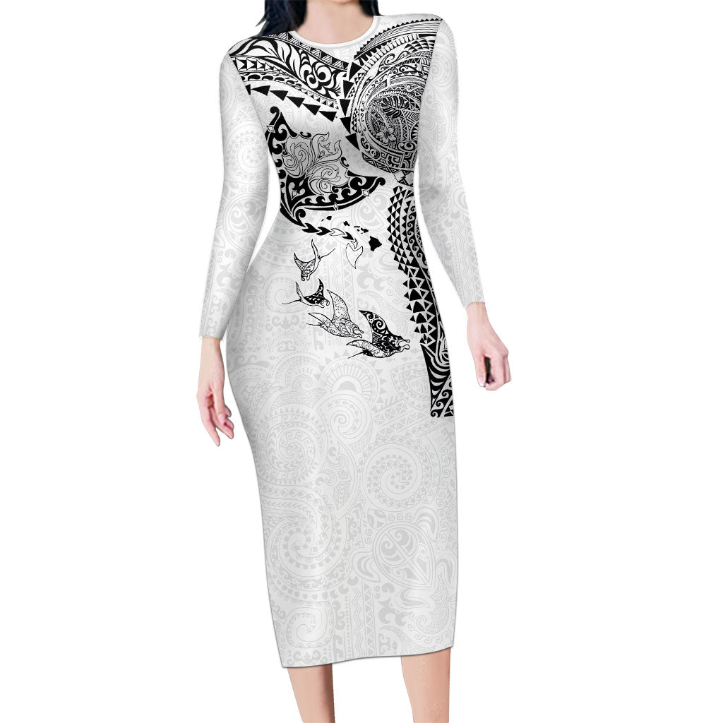 Hawaiian Manta Ray Tribal Long Sleeve Bodycon Dress Polynesian Art Motifs White Color