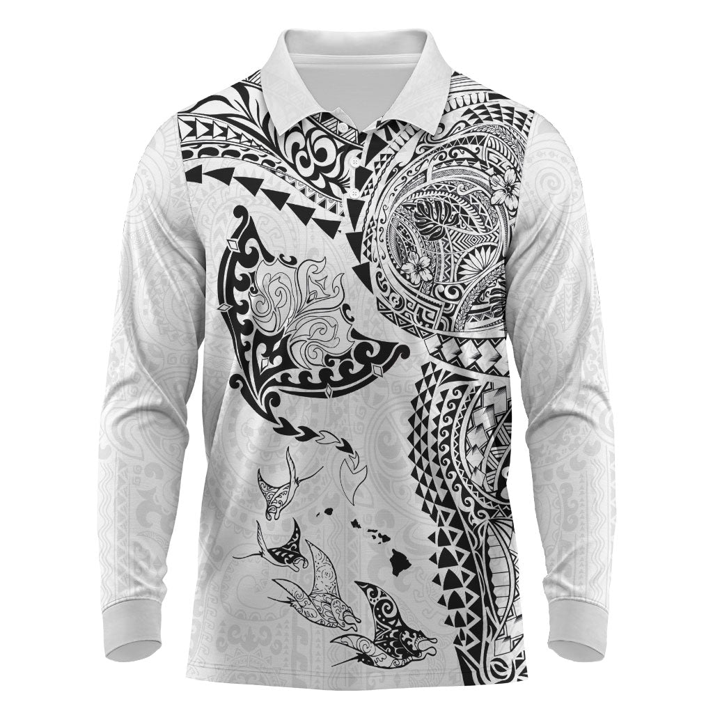 Hawaiian Manta Ray Tribal Long Sleeve Polo Shirt Polynesian Art Motifs White Color
