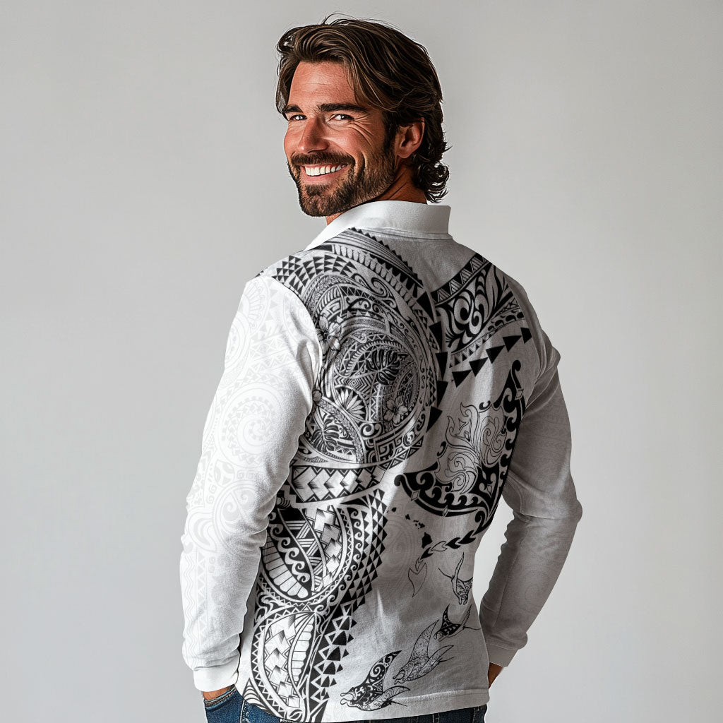 Hawaiian Manta Ray Tribal Long Sleeve Polo Shirt Polynesian Art Motifs White Color