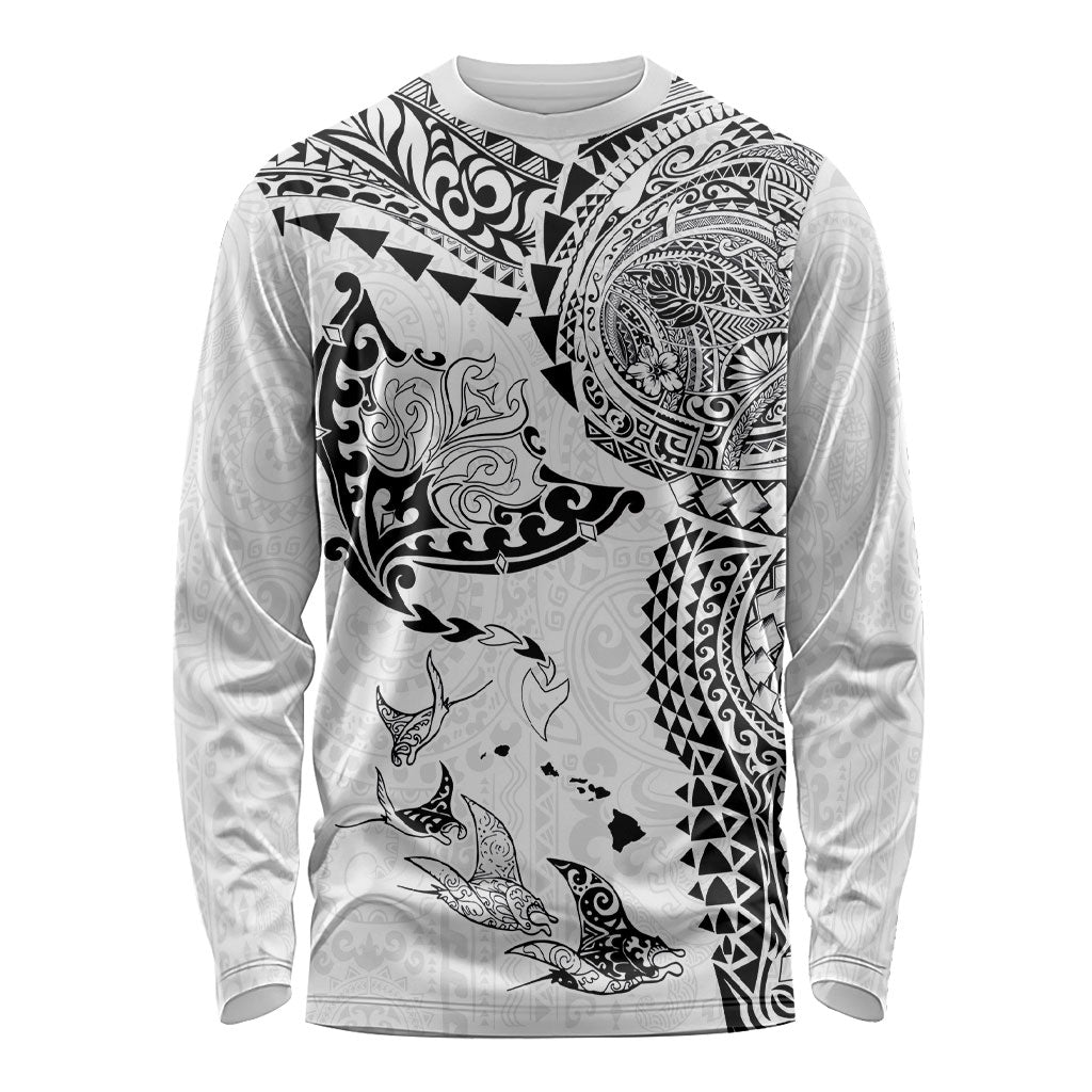 Hawaiian Manta Ray Tribal Long Sleeve Shirt Polynesian Art Motifs White Color