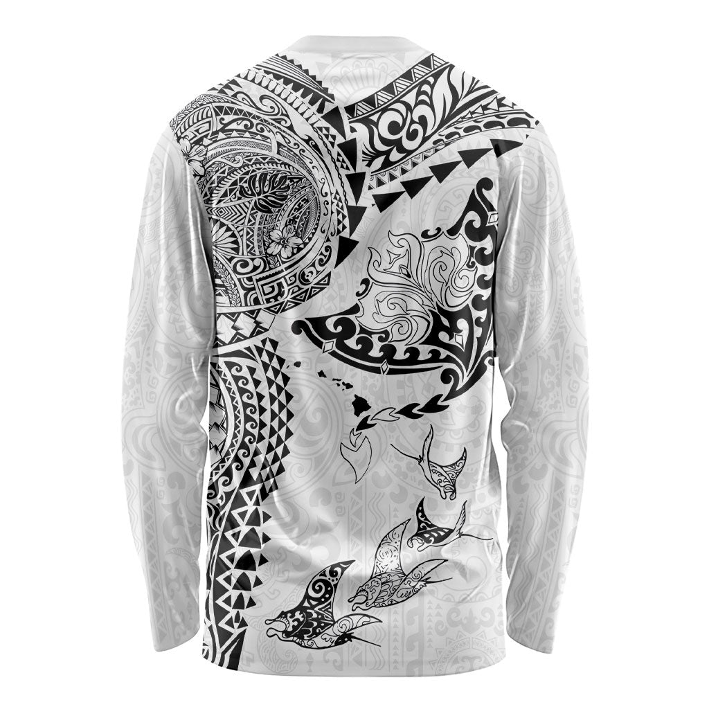 Hawaiian Manta Ray Tribal Long Sleeve Shirt Polynesian Art Motifs White Color